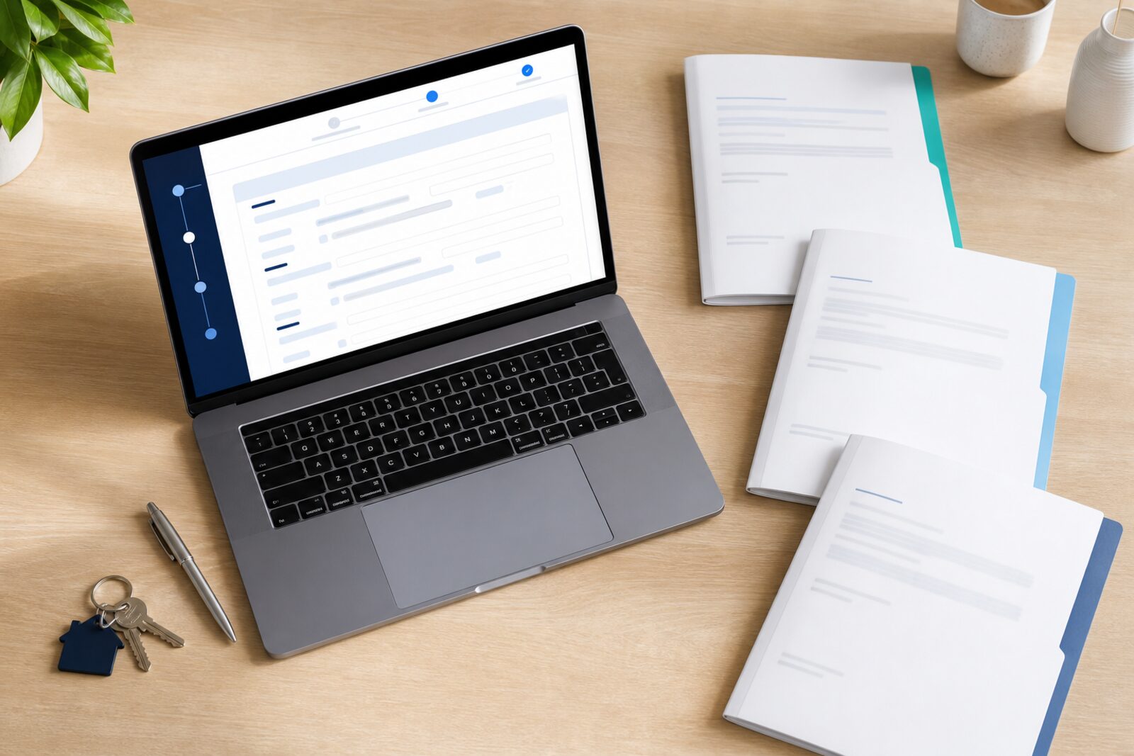 Ordinateur affichant le formulaire guidé de pré-état daté, à côté de dossiers de copropriété
