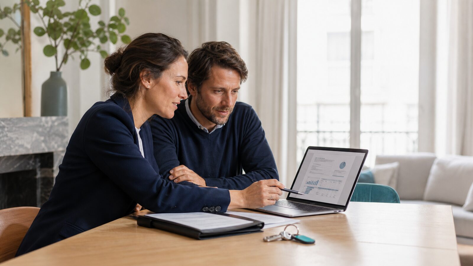 Couple de vendeurs échangeant avec leur notaire au sujet des documents de copropriété