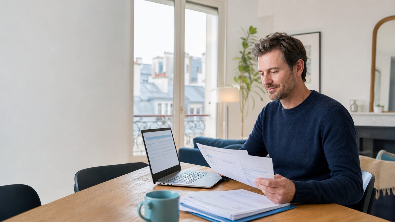 Un vendeur relit ses documents de copropriété devant son ordinateur